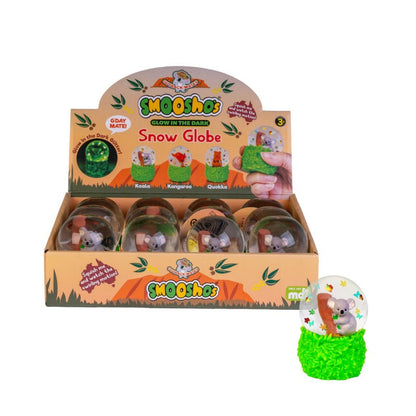Smooshos Glow in the Dark Koala Snow Globe squish toy, translucent glitter-filled koala sensory stress relief fidget retail packaging
