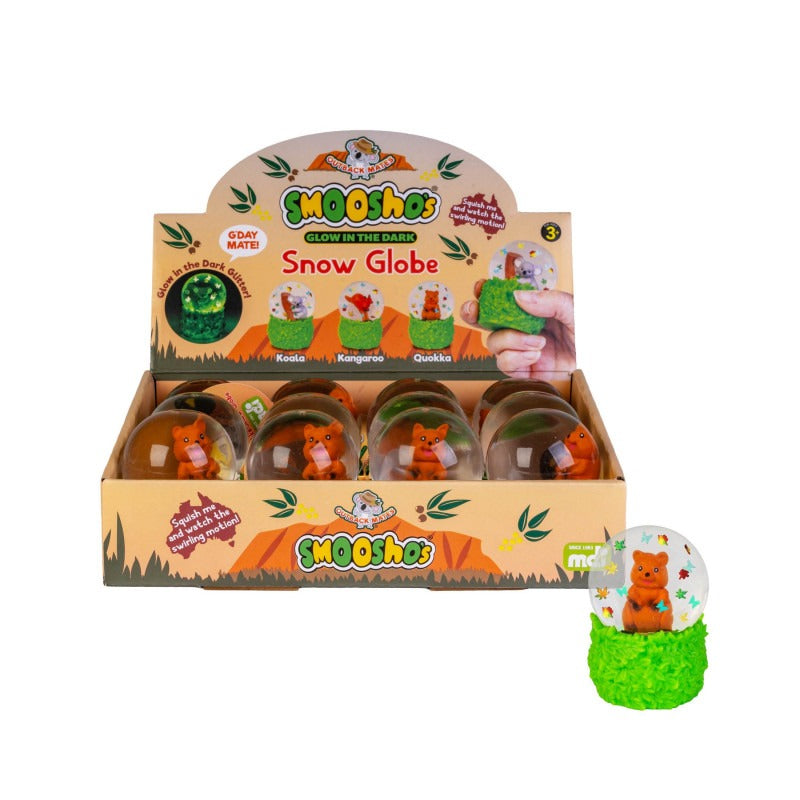 Smooshos Glow in the Dark Quokka Snow Globe squish toy, translucent glitter-filled quokka sensory stress relief fidget retail packaging