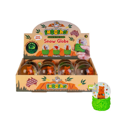 Smooshos Glow in the Dark Quokka Snow Globe squish toy, translucent glitter-filled quokka sensory stress relief fidget retail packaging