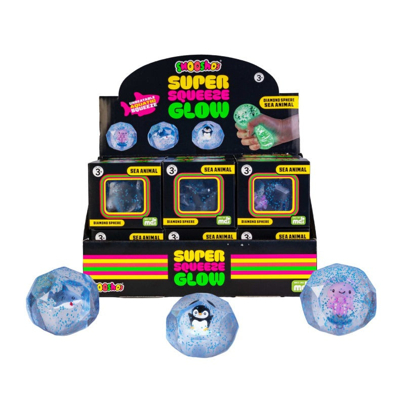 Smooshos Glow in the Dark Sea Animal Super Squeeze squish toy, translucent glitter sea creature diamond sphere sensory stress relief fidget retail packaging