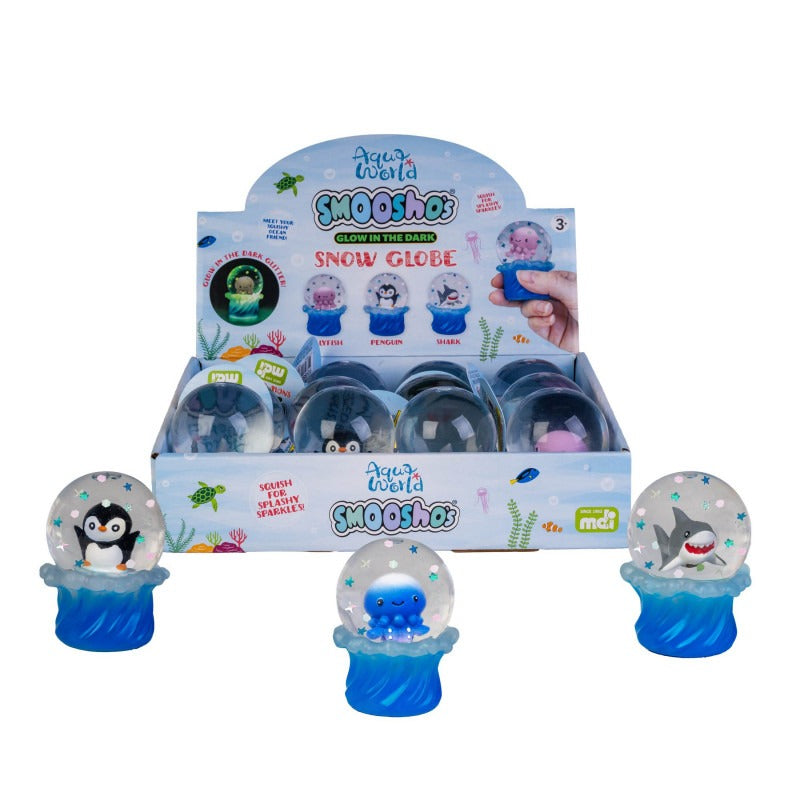 Smooshos Glow in the Dark Sea Animals Snow Globe squish toy, translucent glitter marine creature sensory stress relief fidget retail packaging