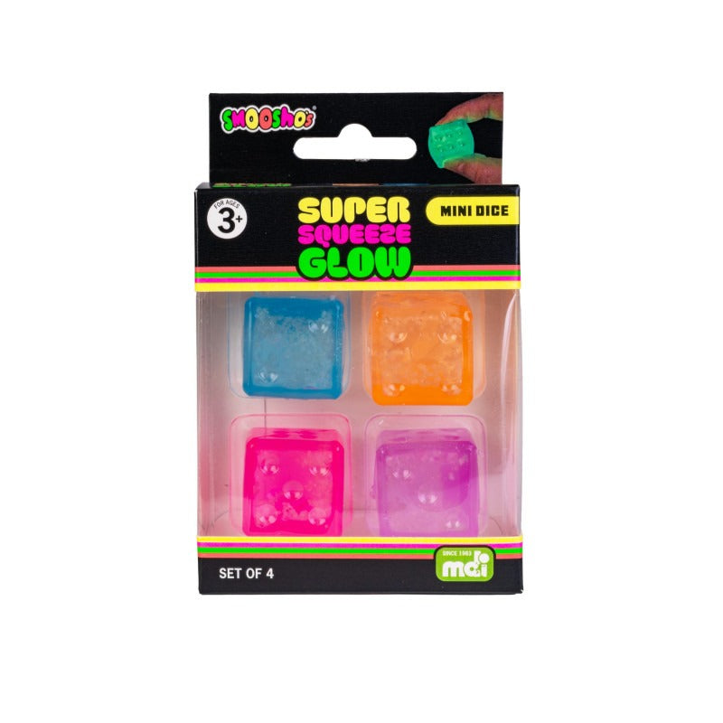 Smooshos Mini Dice GID Super Squeeze Set of 4 glow in the dark mini squishy fidget toys