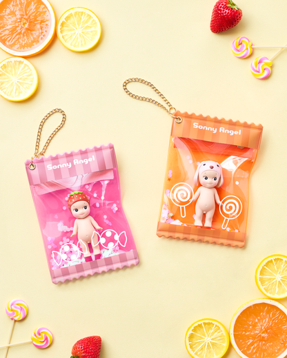 Sonny Angel My Bestie Case Sweet Candy Series: Pink Strawberry and Orange Lolliop Mini Doll Protective Bags with Chain Straps, Clear Display Pouch for Collectible Figurines