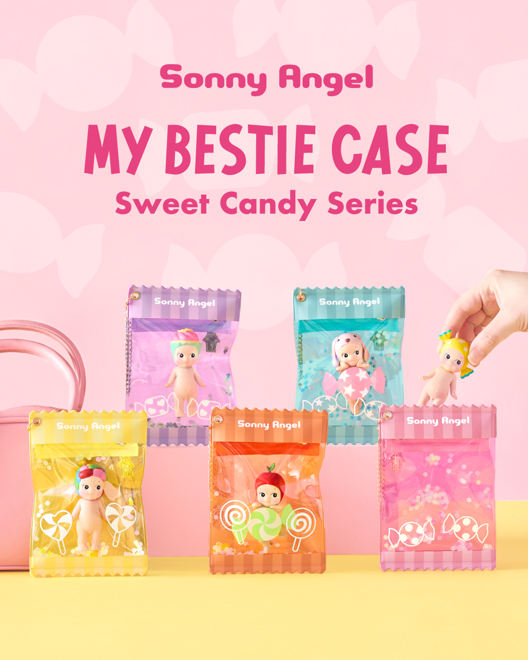 Sonny Angel My Bestie Case Sweet Candy Series, colorful candy-shaped clear pouch keychains for collectible figurines, kawaii doll display bags