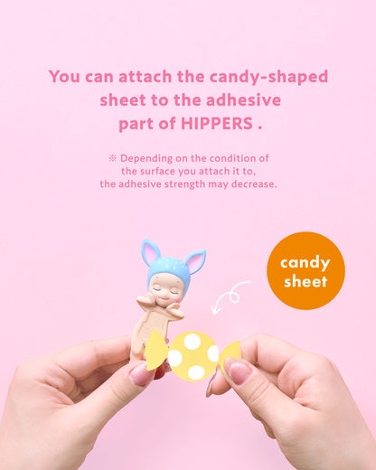 Sonny Angel Hipper figurine with candy sheet accessory, how to attach candy-shaped sticker to the adhesive part of Hipper doll