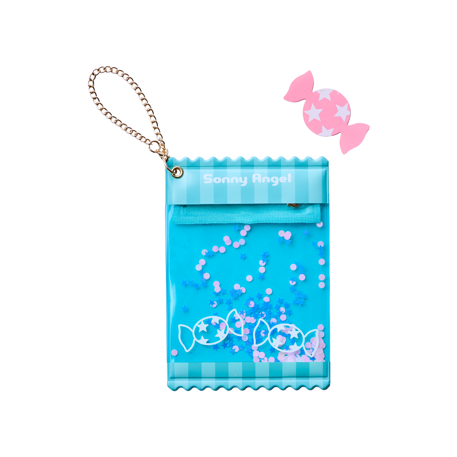 Sonny Angel blue transparent doll storage pouch with hanging chain, cute candy design for small figurines and collectibles