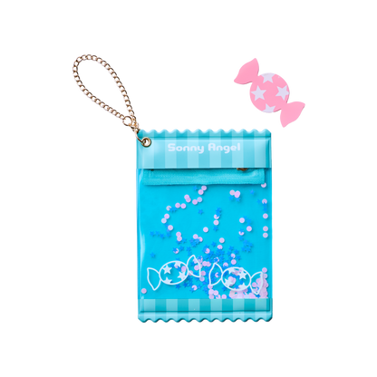 Sonny Angel blue transparent doll storage pouch with hanging chain, cute candy design for small figurines and collectibles