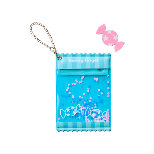 Sonny Angel blue transparent doll storage pouch with hanging chain, cute candy design for small figurines and collectibles