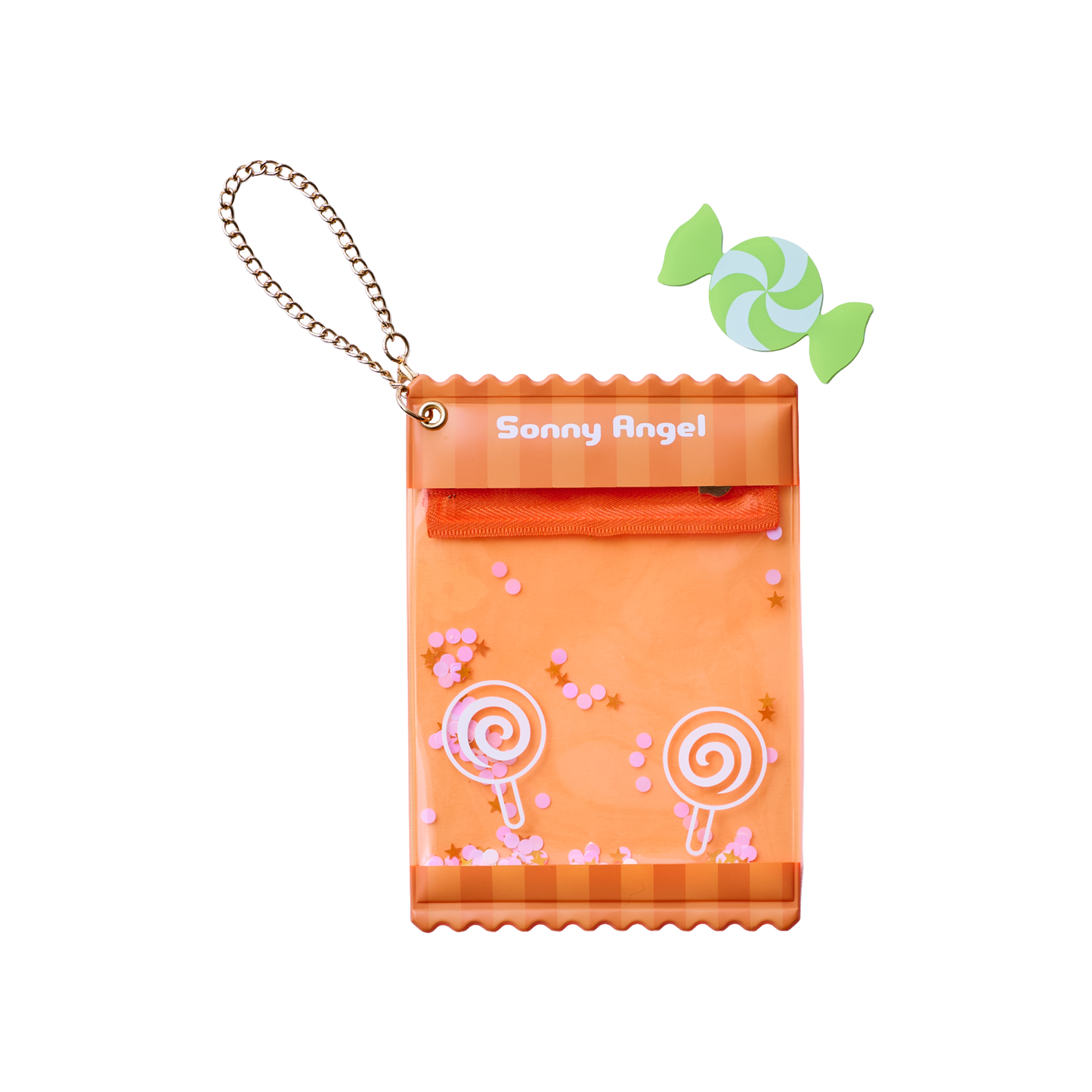 Sonny Angel orange candy-themed plush doll protective bag with chain, clear display case for collectible figures