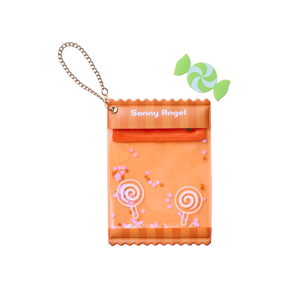 Sonny Angel orange candy-themed plush doll protective bag with chain, clear display case for collectible figures