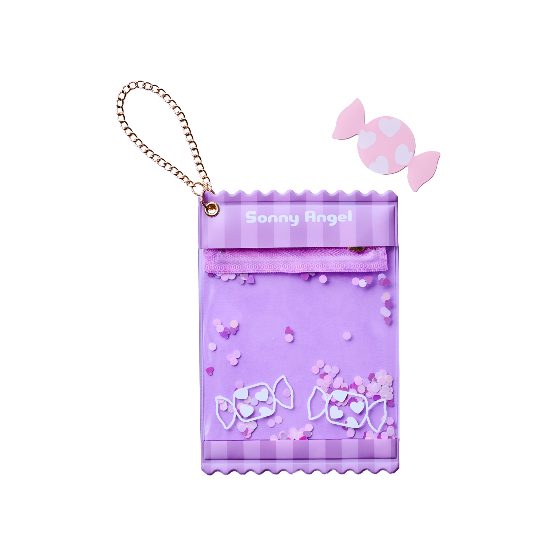 Sonny Angel purple candy-themed plush doll protective bag with chain, clear display case for collectible figures