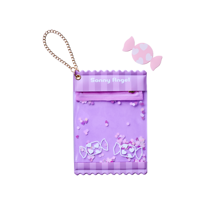 Sonny Angel purple candy-themed plush doll protective bag with chain, clear display case for collectible figures