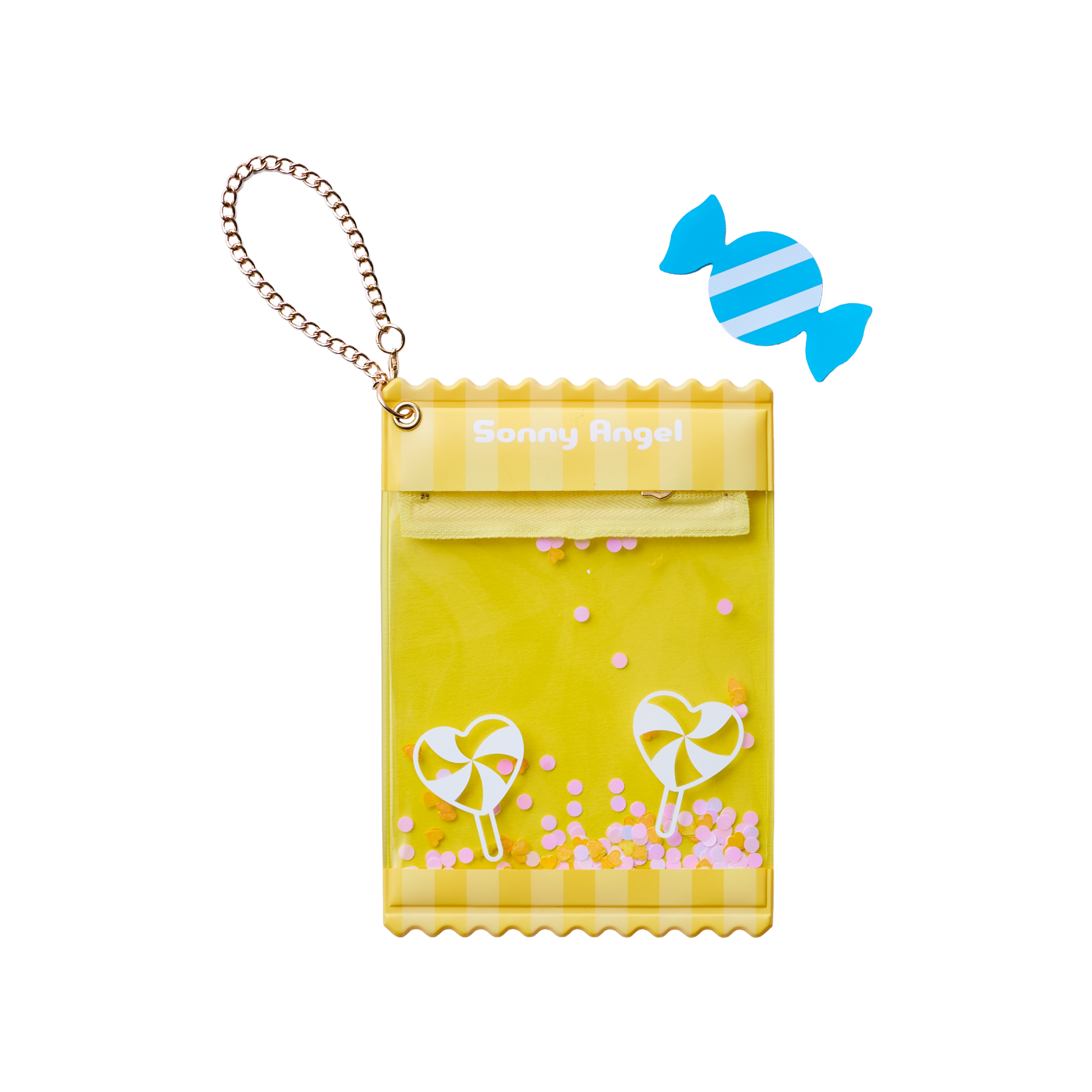 Protective clear case for Sonny Angel mini dolls, yellow candy pattern with zipper and chain — dustproof display bag