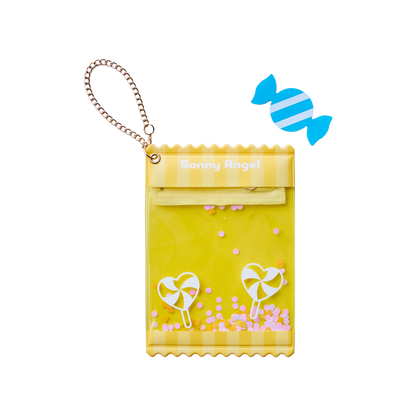 Protective clear case for Sonny Angel mini dolls, yellow candy pattern with zipper and chain — dustproof display bag