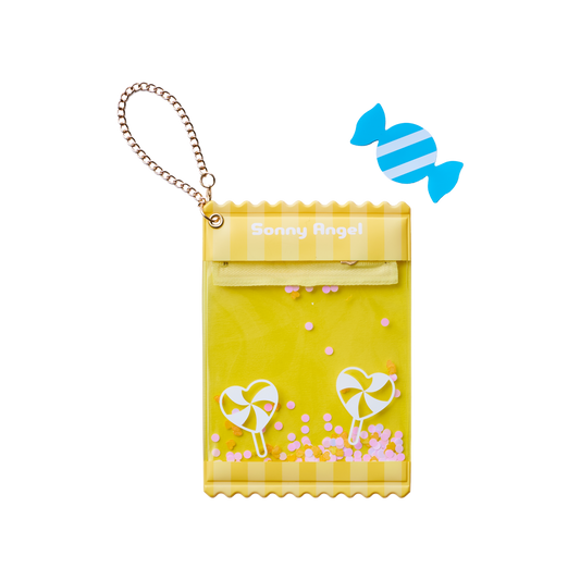 Protective clear case for Sonny Angel mini dolls, yellow candy pattern with zipper and chain — dustproof display bag