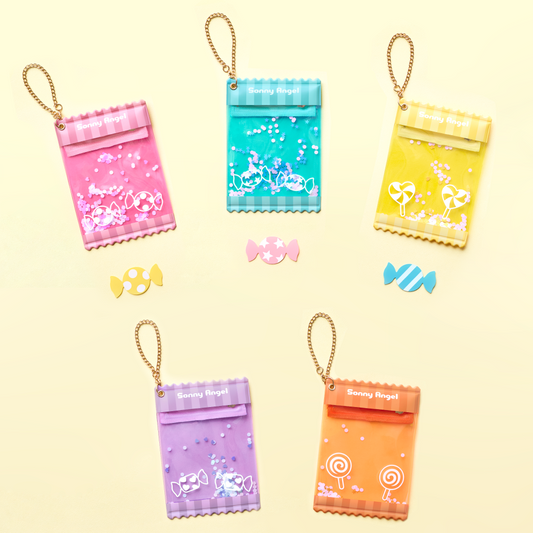 Sonny Angel assorted candy - themed plush doll protective bags (pink, blue, yellow, purple, orange) with chain straps, clear display cases for collectible mini figures