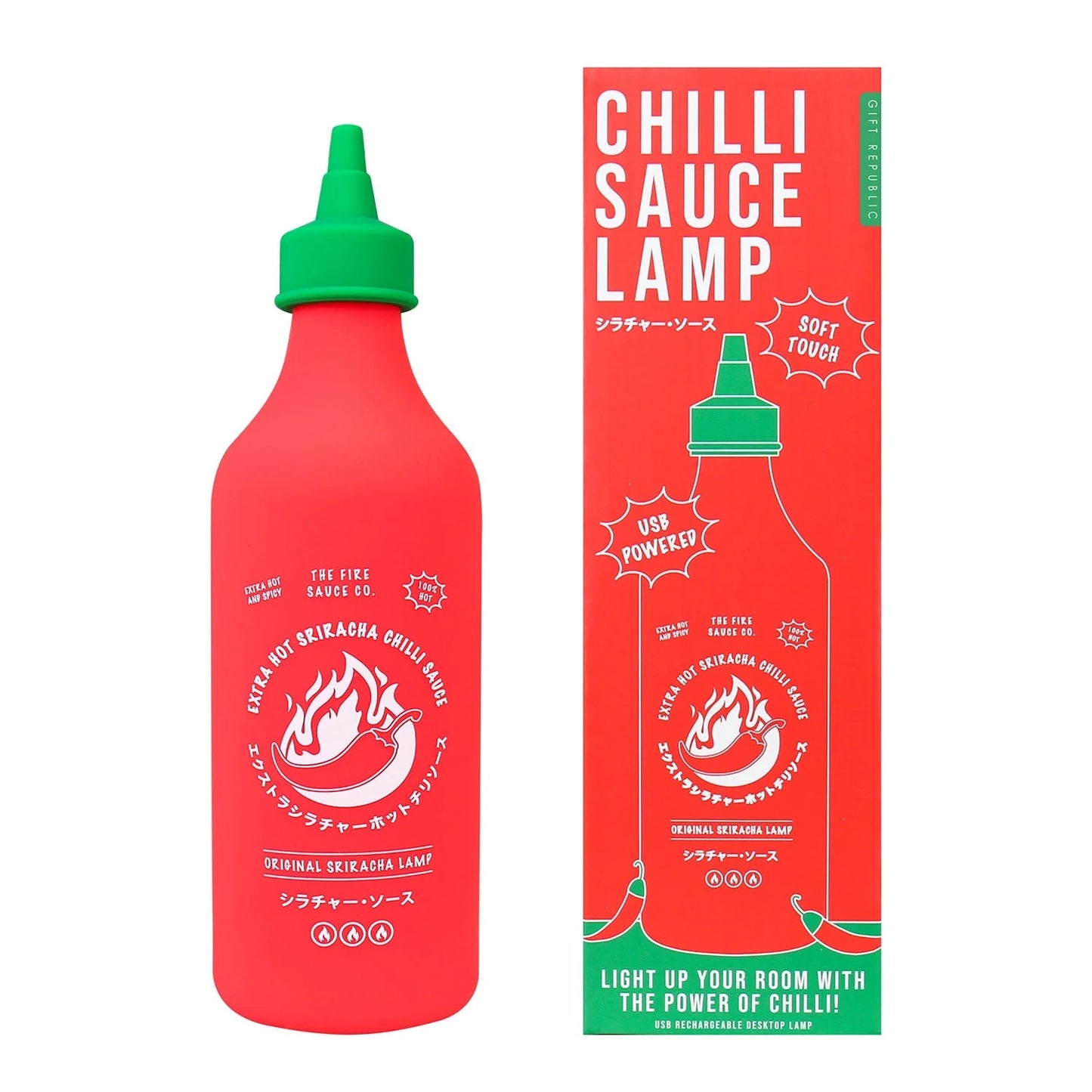 White background studio shot of Sriracha Chilli Sauce silicone LED lamp, iconic rooster hot sauce bottle shaped recharge novelty ambient night light home decor display