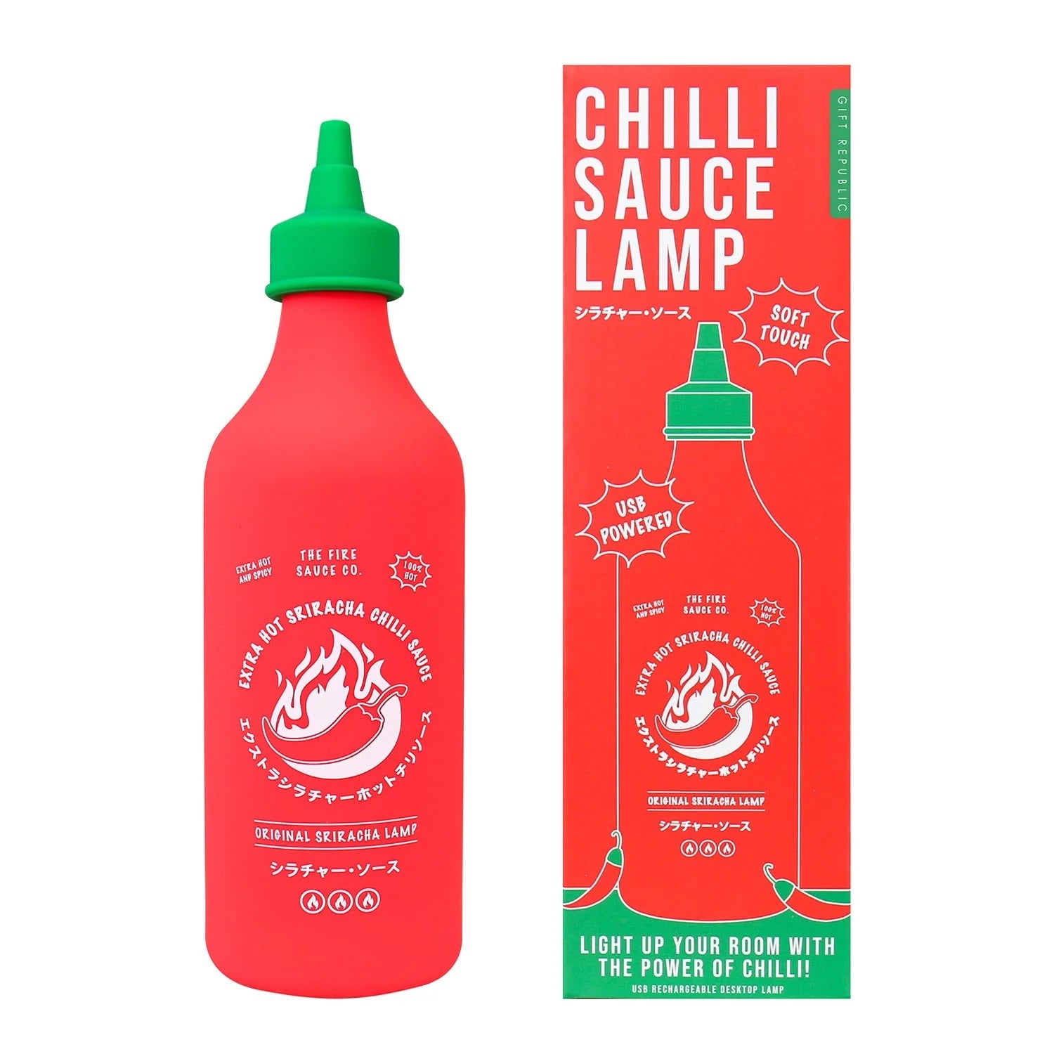White background studio shot of Sriracha Chilli Sauce silicone LED lamp, iconic rooster hot sauce bottle shaped recharge novelty ambient night light home decor display