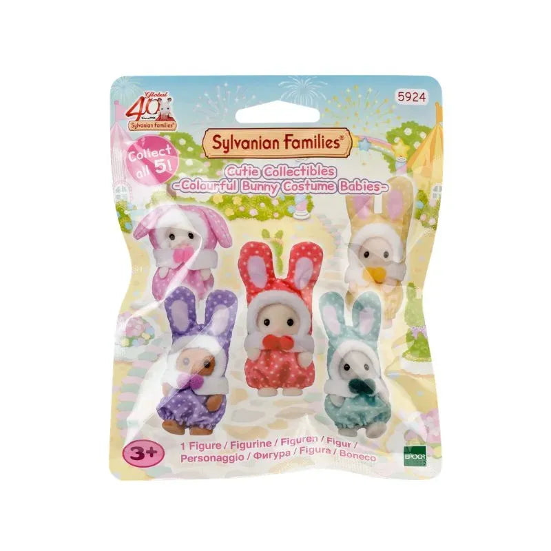 Sylvanian Families Colourful Bunny Costume Babies blind pack, 5 vibrant polka dot bunny onesie rabbit baby mini figures, 40th anniversary limited collection