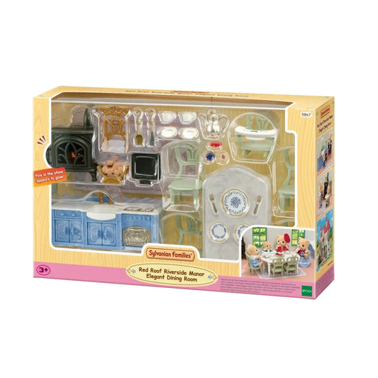 Sylvanian Families Elegant Dining Room furniture set for Red Roof Riverside Manor, miniature marble kitchen and dining playset with stove, tableware and dessert accessories