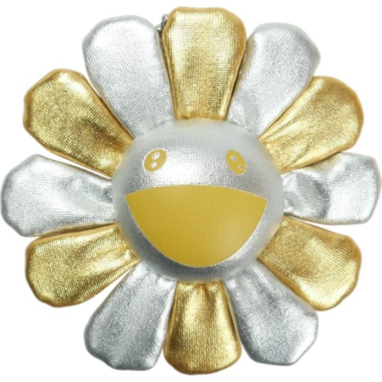 Takashi Murakami Gold & Silver metallic flower plush keychain, dual-use bag charm and brooch, Kaikai Kiki official limited collectible with shiny gold silver petals