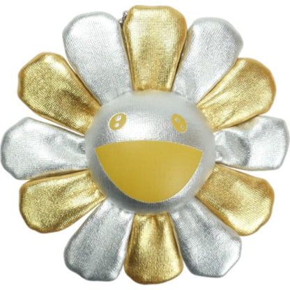 Takashi Murakami Gold & Silver metallic flower plush keychain, dual-use bag charm and brooch, Kaikai Kiki official limited collectible with shiny gold silver petals