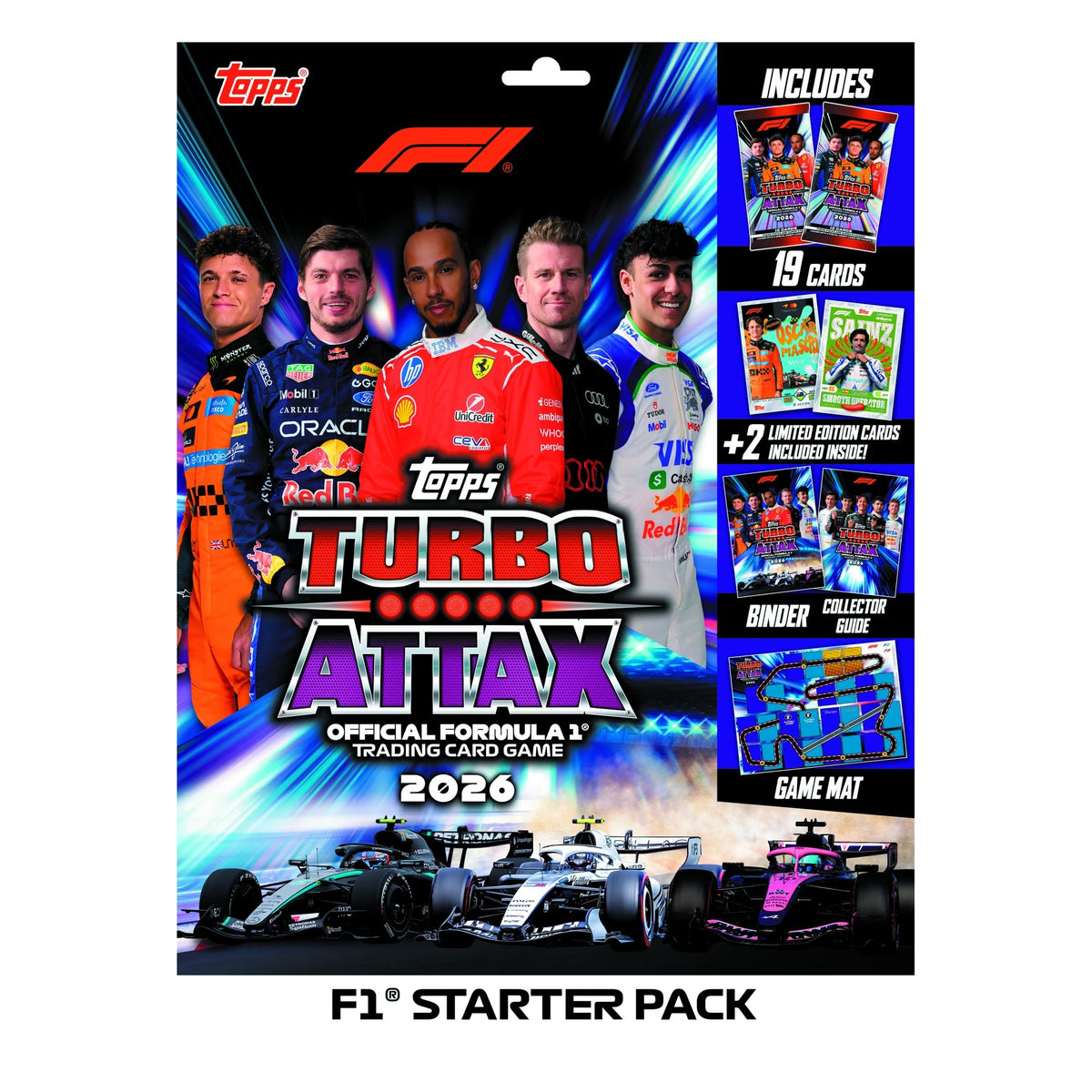 Topps Formula 1 F1 Turbo Attax 2026 Starter Pack with 2 booster packs 21 cards binder collector guide and game mat