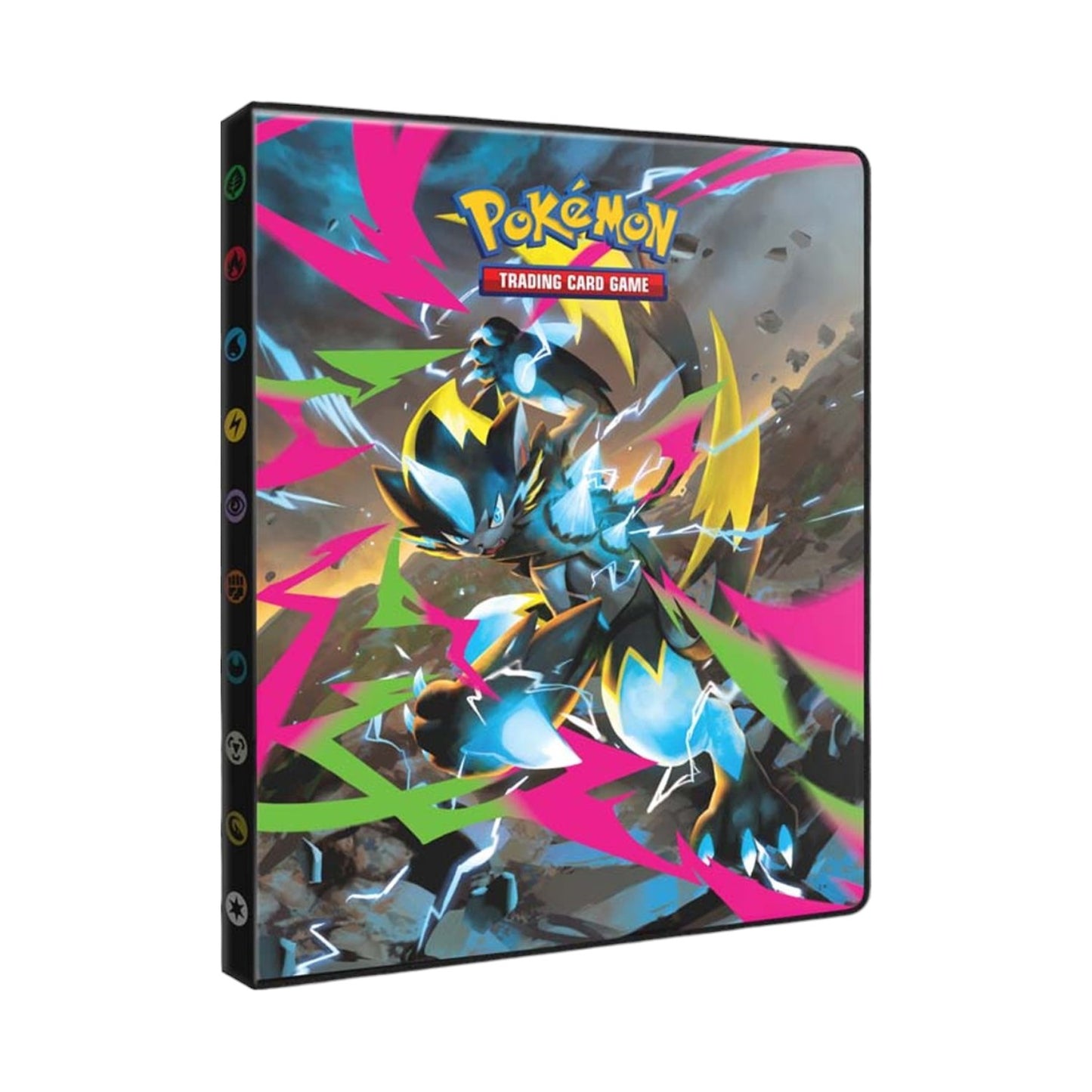 White background e-commerce product shot of Ultra PRO Pokémon Mega Evolution Pitch Black 4-pocket portfolio card album, Mega Zeraora front cover official TCG card storage binder with clear 4-grid inner pages