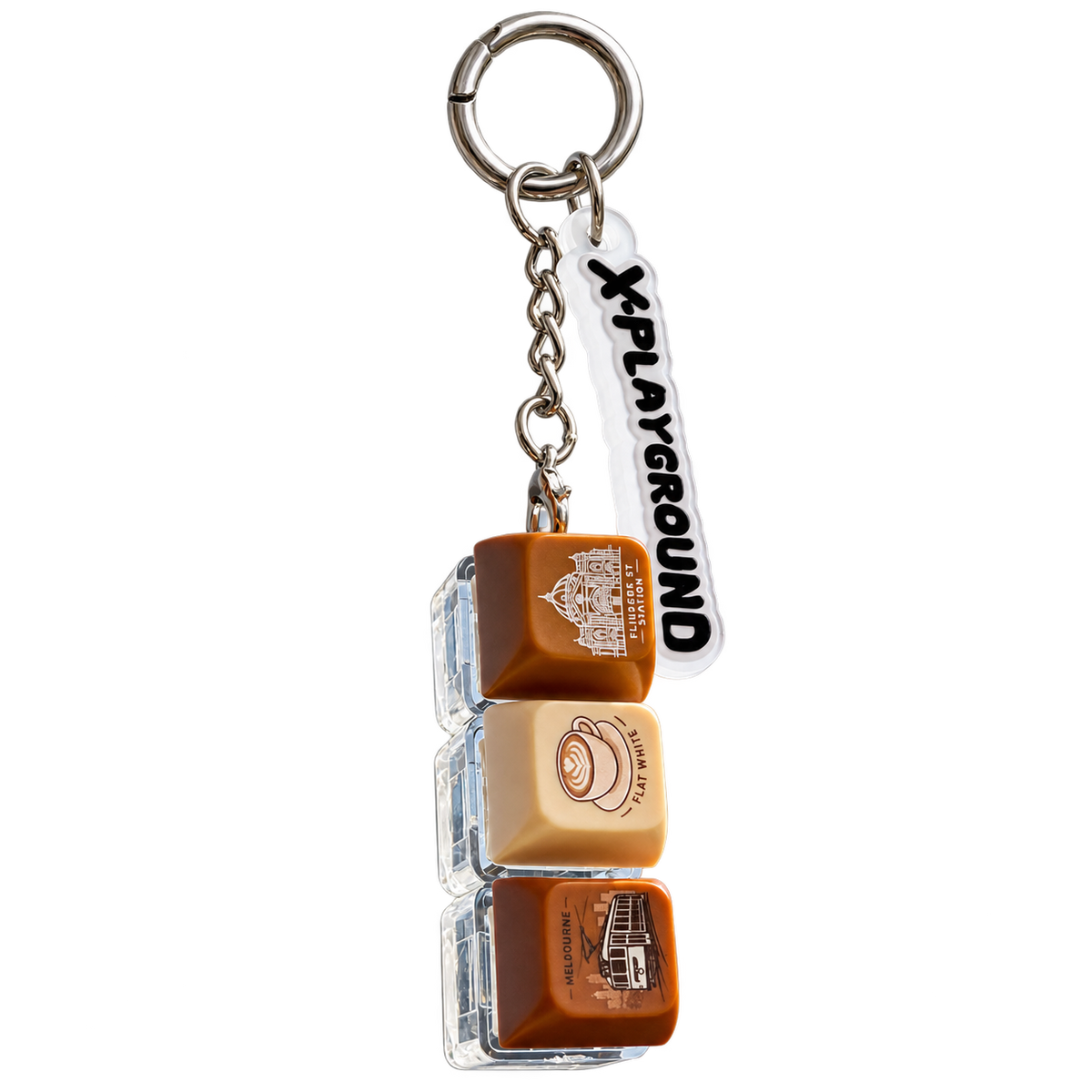 X-Playground Melbourne Icons Keyboard Keychain with Flinders Street Station Flat White and Tram keycaps