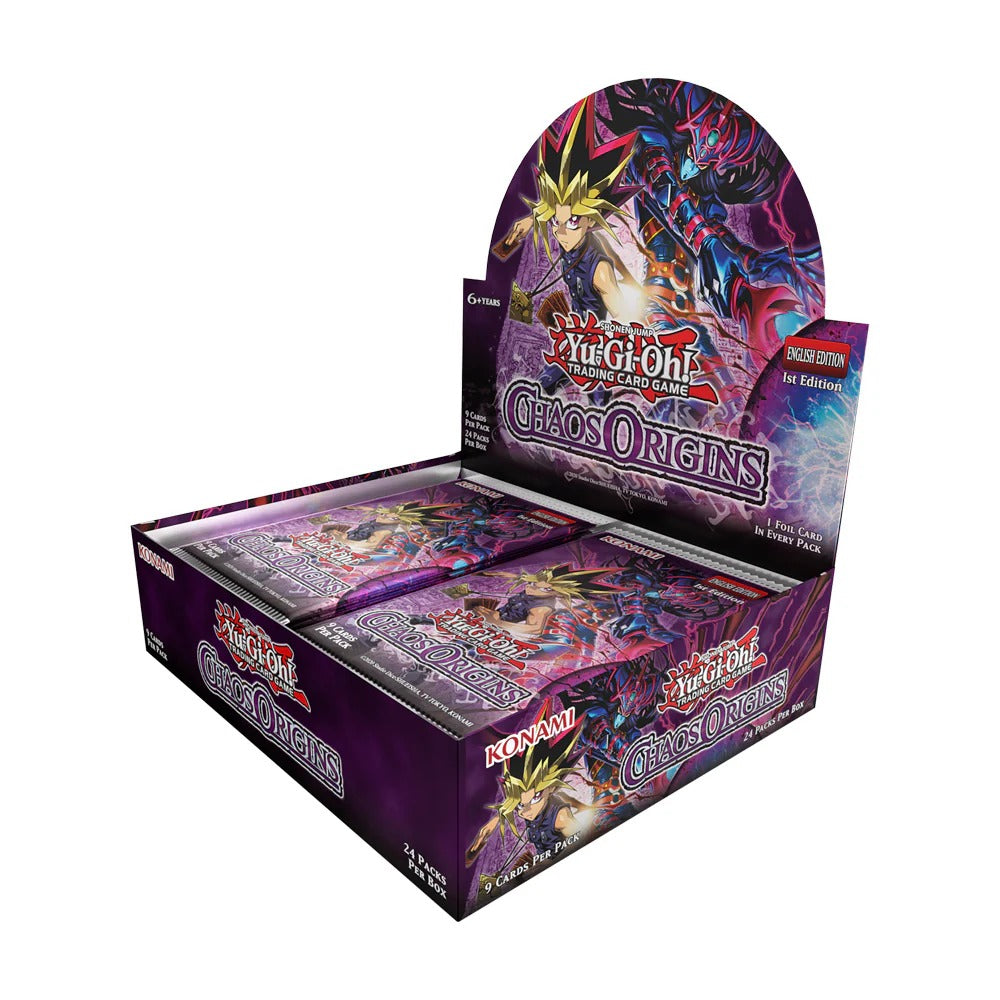 Yu-Gi-Oh! Chaos Origins 1st Edition booster box featuring Yami Yugi packaging, 24 trading card packs for duelist collectors