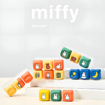 Licensed Miffy keycap shaped keychain blind box, colorful mini square fidget charms with cute rabbit, bear, star and moon prints, transparent case bag pendants for collection and gift