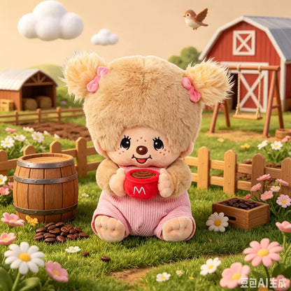 Monchhichi x Miniso - Mon Mon Farm Coffee Sitting Doll (Blonde Twin Ponytail Girl)