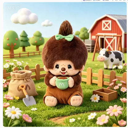Monchhichi x Miniso - Mon Mon Farm Coffee Sitting Doll (High Ponytail Girl)