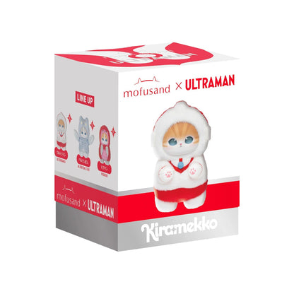 White background product shot of mofusand × Ultraman Kiramekko vol.1 blind box plush mascot keychain, glitter eye kawaii Ultraman Baltan Pigmon cat crossover plush bag pendant retail packaging display