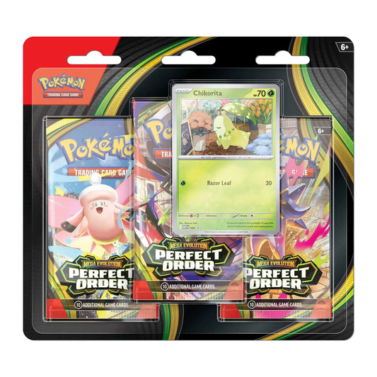 Pokemon TCG Mega Evolution Perfect Order 3 Pack Blister with Chikorita promo card sealed English version